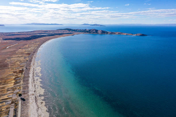 istock Panoramic view of beaches and lake bay at sunset 2165976126
