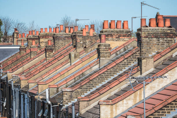 Brick chimneys and rooftop in Victorian terraced houses