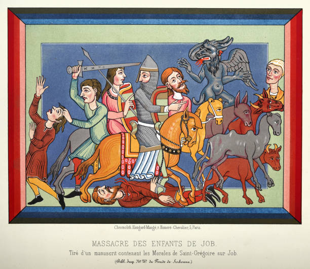 Medieval bible scene, Massacre of the children of Job, Knight in Chain mail armour, Devil or demon, Flanders, 12th Century