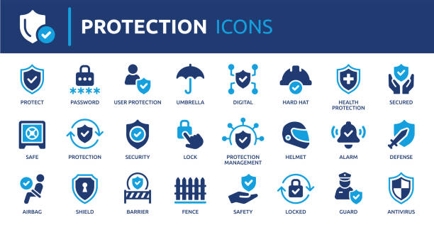 stockillustraties, clipart, cartoons en iconen met protection icon set. security solid vector icons collection. - beveiliging