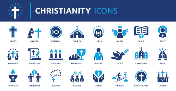 Christianity icon set. Containing cross, church, bible, priest, prayer, Christian, baptism, Jesus and more. Solid vector icons collection. gospel stock illustrations