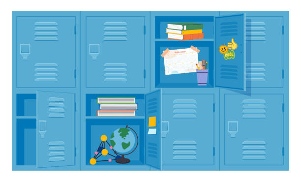 illustrazioni stock, clip art, cartoni animati e icone di tendenza di armadietti scolastici con libri e forniture per l'istruzione - armadietto