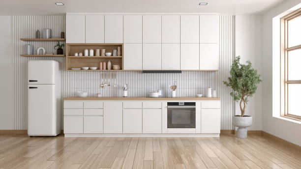 istock Kitchen room interior with Bright white and wood shelf modern minimal modern room interior.3D illustration 2165998247