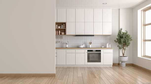 istock White wall foreground with  kitchen room interior with Bright white minimal modern room interior.3D illustration 2165998250
