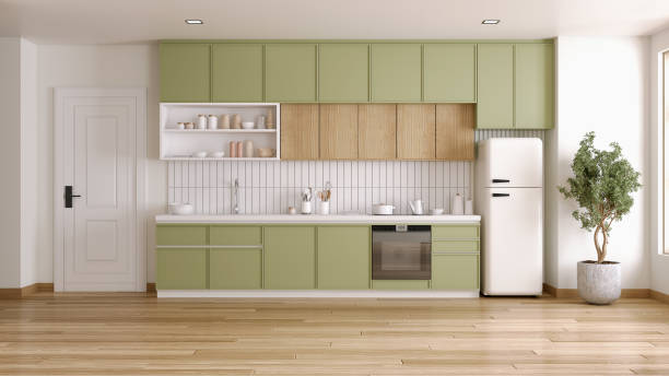 istock Kitchen room interior with Bright green kitchen counter in minimal space .3D illustration 2165998251