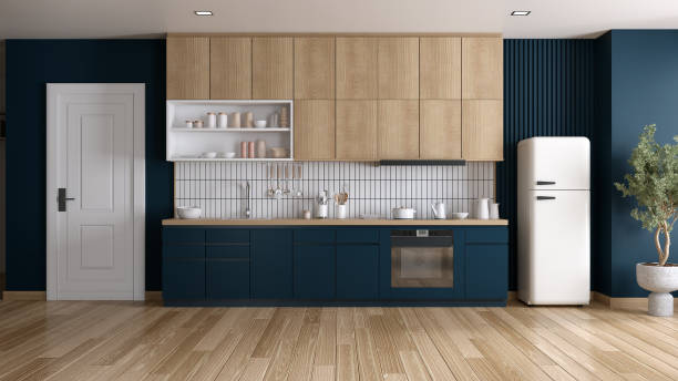istock Kitchen room interior with Dark green and wood shelf kitchen counter in modern space .3D illustration 2165998253