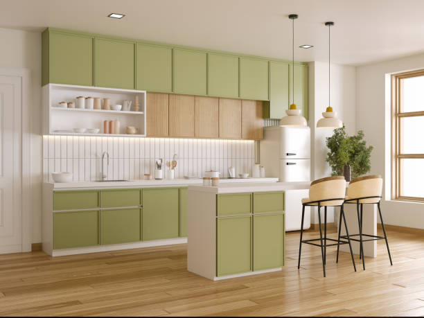 istock Kitchen room interior with Bright green and cozy modern, Dining room interior.3D illustration 2165998257