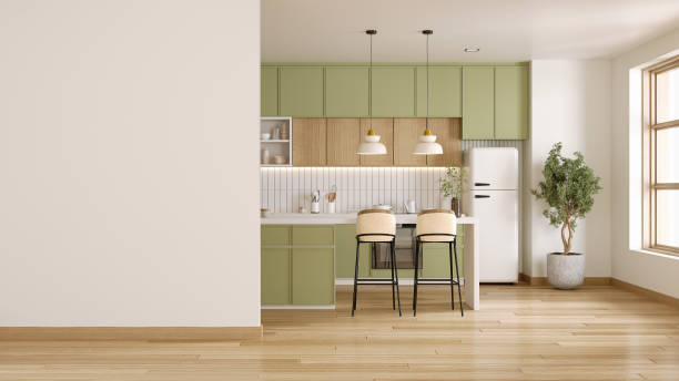 istock White wall foreground with  kitchen room interior with Bright green and modern, Dining room interior.3D illustration 2165998259