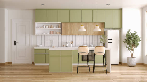 istock Kitchen room interior with Bright green and wood shelf modern, Dining room interior.3D illustration 2165998260