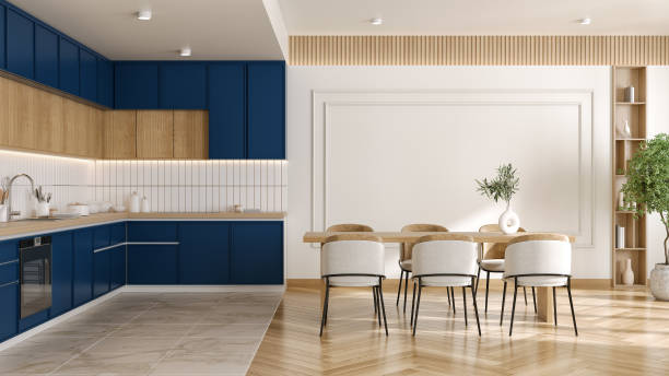 istock Blue kitchen  and dinning room  interior design ,modern scandinavian  style ,3d render 2165998295