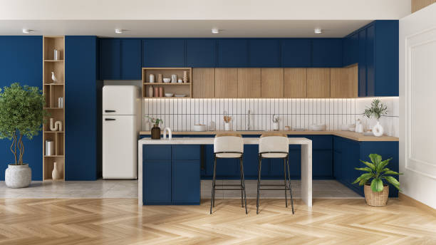 istock Blue kitchen and dinning room  interior design ,modern scandinavian  style ,3d render 2165998296