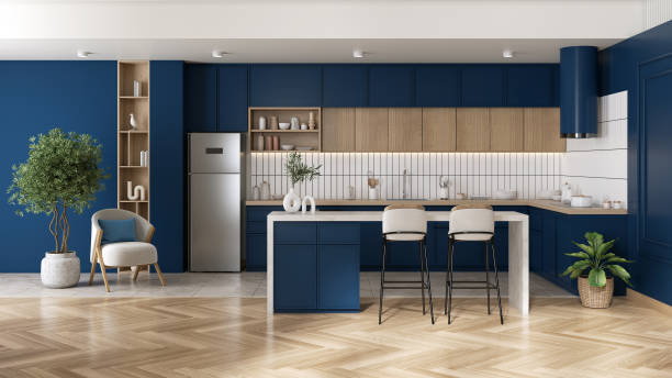 istock Blue kitchen  and dinning room  interior design ,modern scandinavian  style ,3d render 2165998298