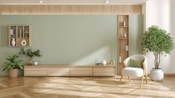istock Modern scandinavian interior ,empty wall space for tv,wood shelf and green wall, 3d render 2165998300
