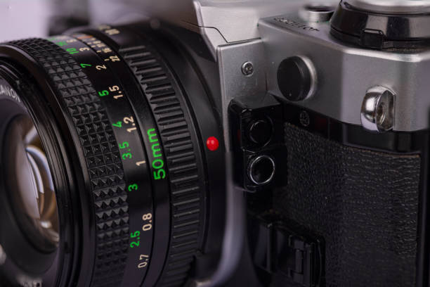 istock Front view of a classic camera with its lens locking mechanism visible, on a white background 2166004444