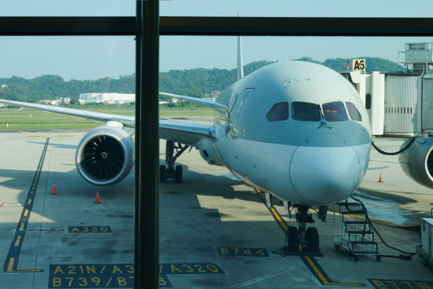 istock Airplane at the Boarding Gate in Airport Terminal 2166010686