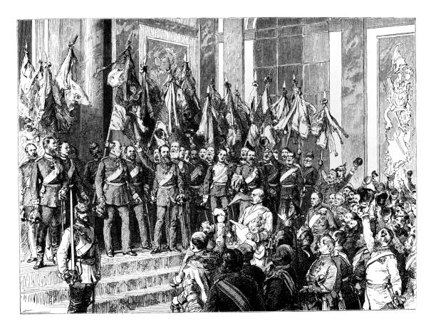The proclamation of the German Empire, also known as the Deutsche Reichsgründung, took place in January 1871, after the joint victory of the German states in the Franco-Prussian War The proclamation of the German Empire, also known as the Deutsche Reichsgründung, took place in January 1871, after the joint victory of the German states in the Franco-Prussian War palace of versailles stock illustrations