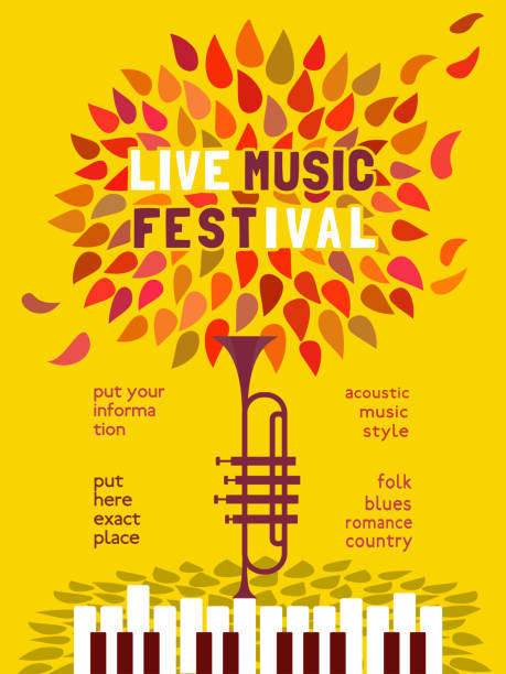 Fall Live Music Fest minimal design vector poster Fall Season Live Music Festival minimal design vector poster. Piano, trumpet silhouette, falling leaves cartoon illustration. Autumn Vibes Music Fest performance, outdoor event celebration background concert poster template stock illustrations