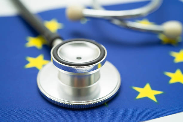 istock Stethoscope on EU flag, Business and finance. 2166023741