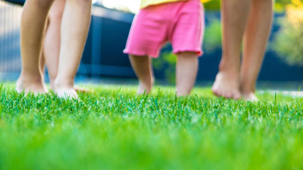 istock Children's legs run on green grass. children. 2166036221