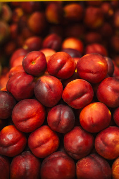 A lot of fresh organic peaches on market stall or in groceries shop area. Nectarines background. Fruit food background
