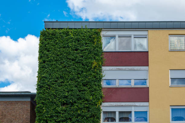 a building with a green hedge growing out of it