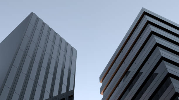 istock Modern architecture,design 2 buildings,skyscraper office,structure house with windows,reflection,evening. Futuristic building, high-rise cityscape,wallpaper.3D render 2166047133