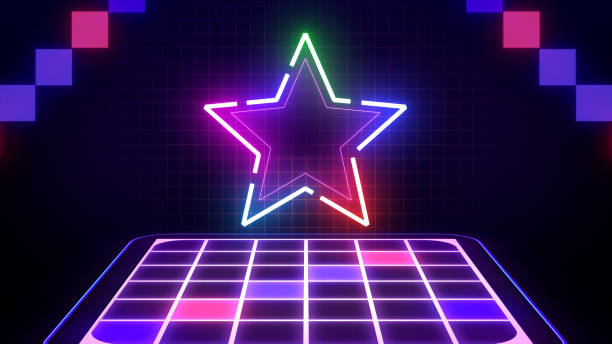 istock Retro style 80s-90s futuristic grid wireframe backdrop. Digital landscape star neon retro party laser pattern background. 2166049205