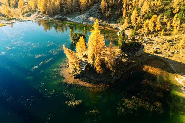 istock Drone flight under Federa Lake in sunrise time 2166051401