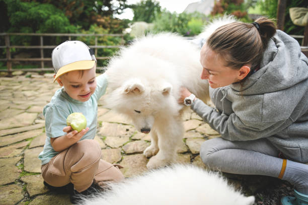 istock mother and little son play with a dog 2166056461