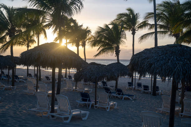 Sunset over beach resort and palm trees, Varadero