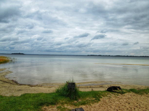 Tranquil lake with empty beach under overcast autumn sky