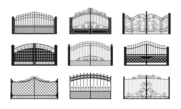istock Set of fence gate icon. Black metal door. Vector illustration 2166058221