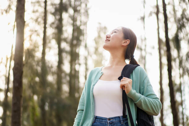 istock Asian beautiful woman relaxing in pine forest. 2166059409