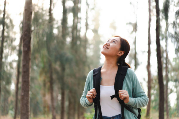 istock Asian beautiful woman relaxing in pine forest. 2166059414
