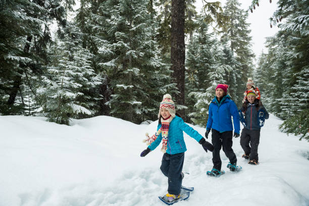 Family snowshoes through forest Family enjoys snowy winter day in mountain village, snowshoeing through forest, Whistler, B.C. pacific northwest region stock pictures, royalty-free photos & images