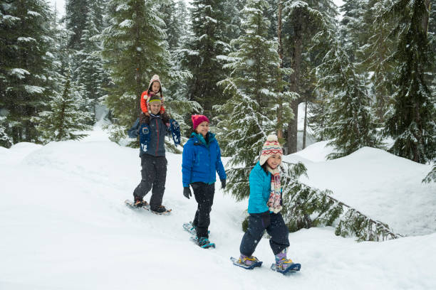 istock Family snowshoes through forest 2166060060