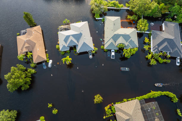 hurricane debby flooded homes and cars in laurel meadows community in sarasota, florida. aftermath of natural disaster. sarasota, usa - august 6, 2024. - assistência em catástrofes imagens e fotografias de stock