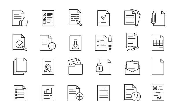 ilustraciones, imágenes clip art, dibujos animados e iconos de stock de gran conjunto de icono de documento. documento legal para web. vector - tarea doméstica