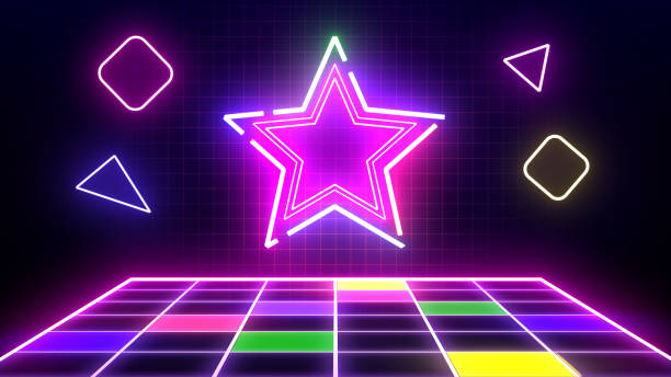 Retro style 80s-90s futuristic grid wireframe backdrop. Digital landscape neon dance style retro party laser pattern background.