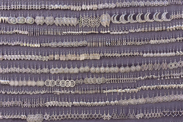 Albaicin, Granada, Province of Granada, Andalusia, Spain. Silver ear rings in a shop in Granada.