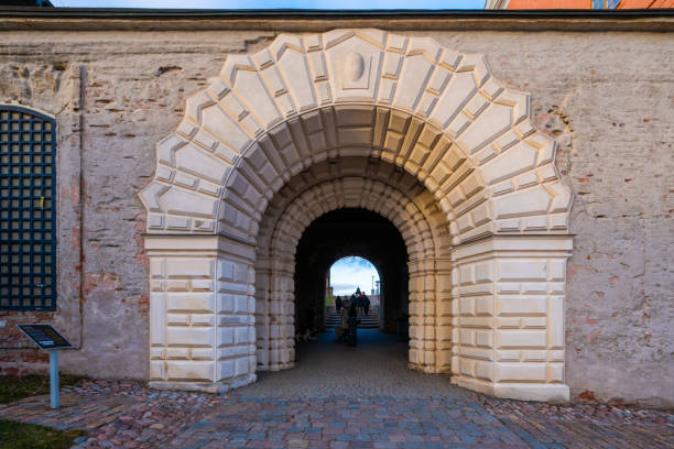 Uppsala, Sweden - november 18 2023: White arch gate at Uppsala castle.