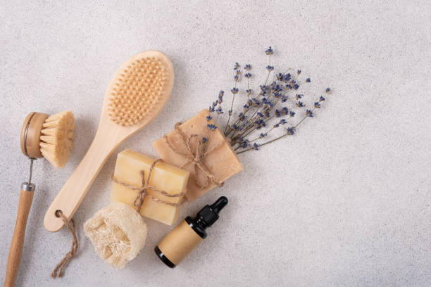 istock Handcrafted soap bars, wooden back brushes and lavender flowers 2166086161