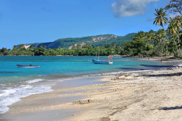Azure, turquoise blue colored shallow lagoon of Playa Manglito Beach lined with sea almond and palm trees, c.30 km east of the city. Baracoa-Cuba-594 stock photo