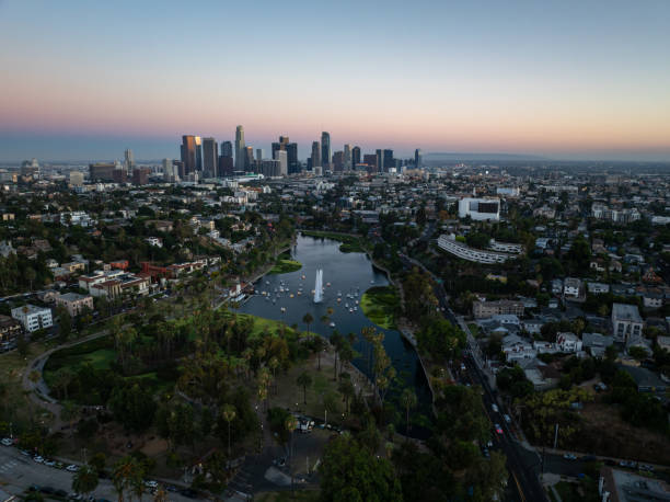 istock Echo Park Lake Overlooking DTLA at Dusk - Aerial 2166095298