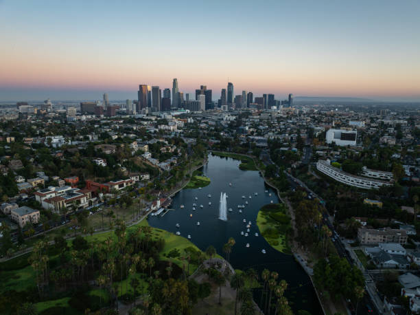istock Echo Park Lake Overlooking DTLA on a Clear Summer Sunset - Aerial 2166095302