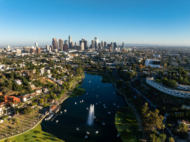 istock Echo Park Lake Overlooking DTLA on Sunny Summer Day - Drone Shot 2166095824
