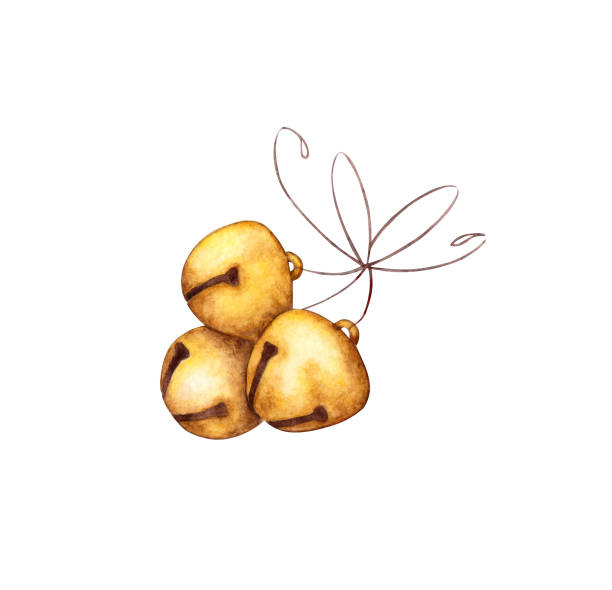 Golden bells watercolor Bells vintage metal gold watercolor illustration. Christmas bells on a string. Isolated from the background. New Year decoration for the holiday season. bell sleeve stock illustrations