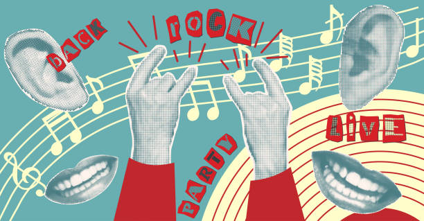 istock Karaoke music collage with halftone stickers hands lips and inscriptions, musical notations Cut out from newspapers, magazines, torn paper Poster design Vinyl player, mouth, hears Vector illustration 2166109666