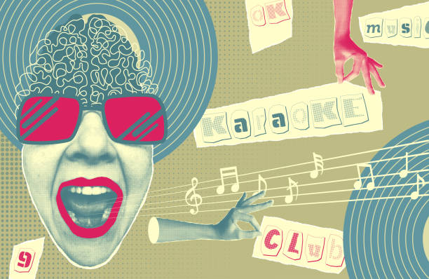 istock Karaoke music collage with halftone stickers hands lips and inscriptions, musical notations Cut out from newspapers, magazines, torn paper Poster design Vinyl player, mouth, hears Vector illustration 2166109667
