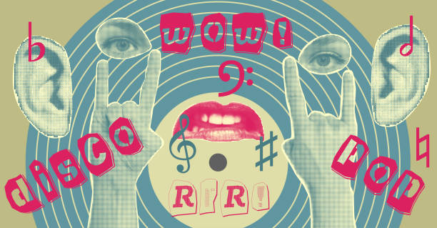 istock Karaoke music collage with halftone stickers hands lips and inscriptions, musical notations Cut out from newspapers, magazines, torn paper Poster design Vinyl player, mouth, hears Vector illustration 2166109671